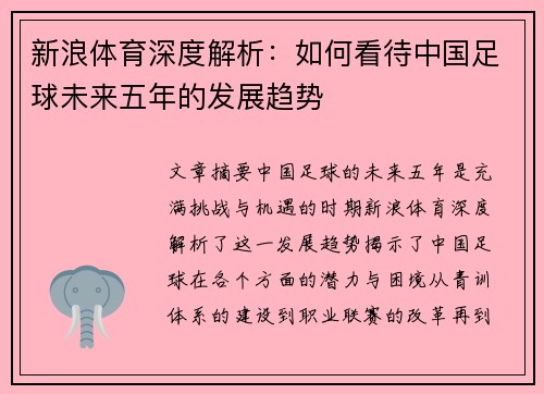 新浪体育深度解析：如何看待中国足球未来五年的发展趋势